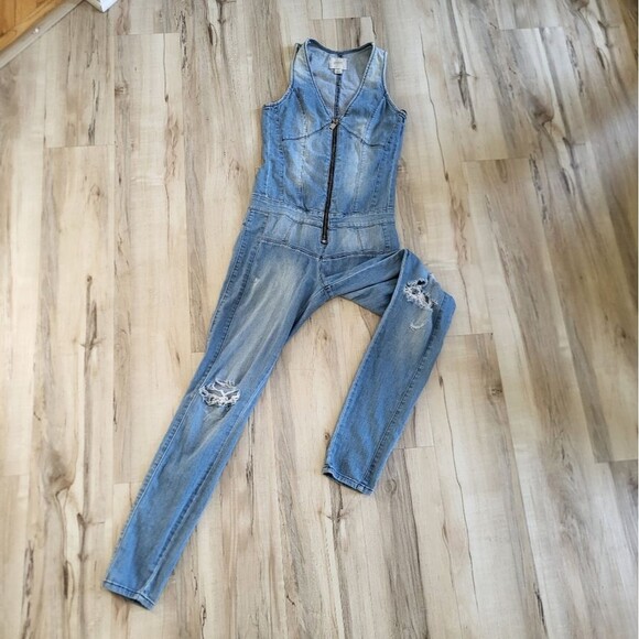 GUESS Jumpsuit Los Angeles Overalls Women's 4 Denim Skinny Leg Distress Y2K - Picture 1 of 16